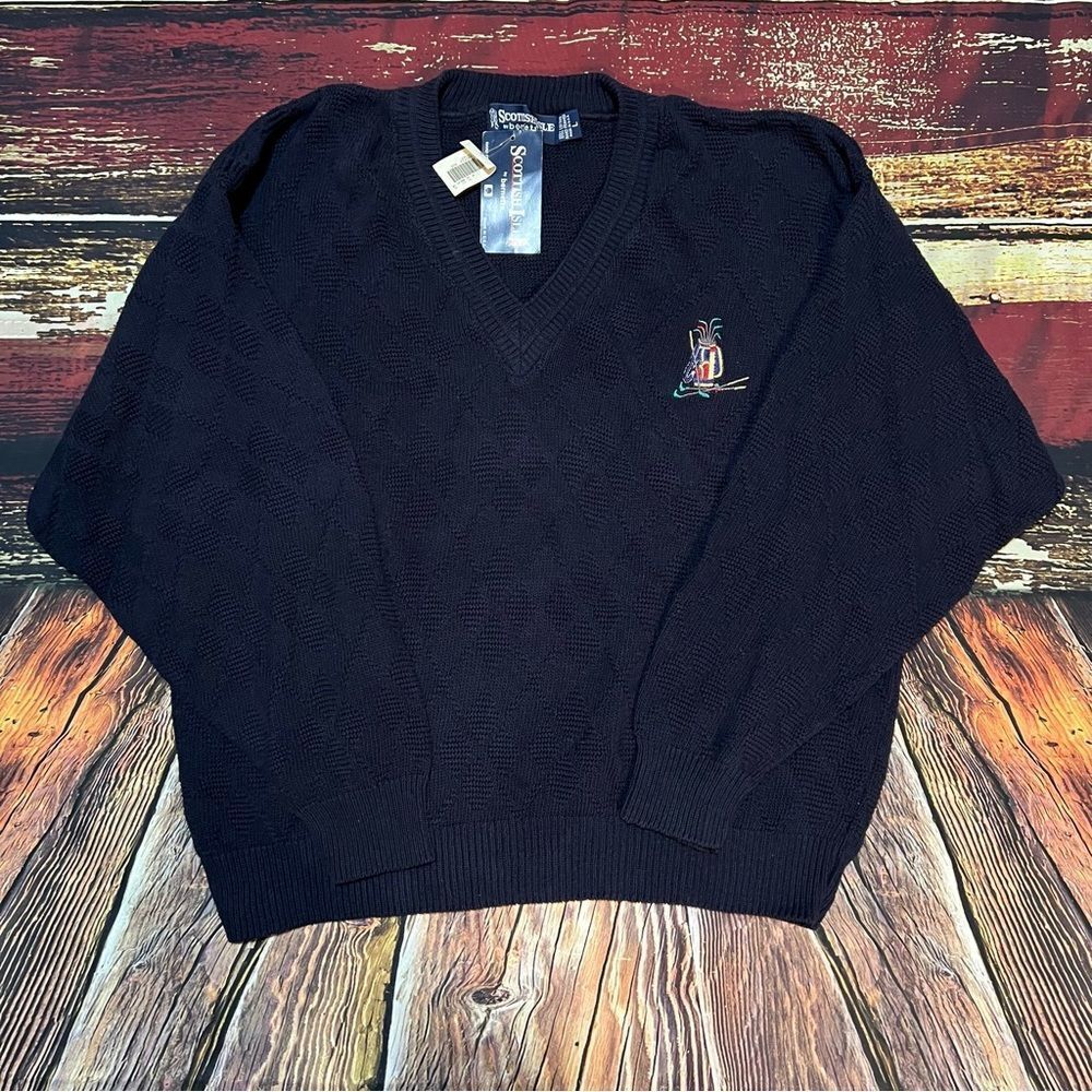 Vintage Scottish Isle Golf V Neck Sweater Made in USA Hand Framed Navy NWT